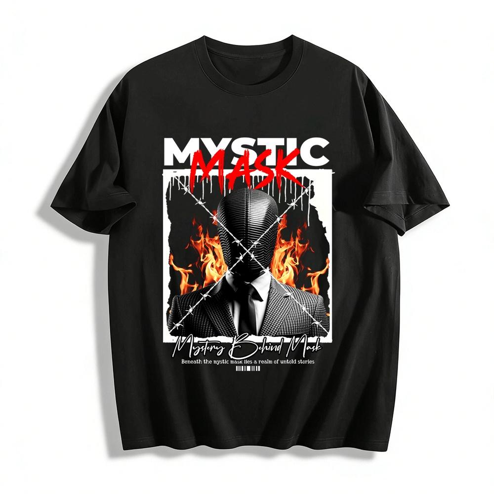 

Mask Thorn Flame Print T-shirt Mysterious Niche Design Top Pure cotton T-shirt XXS