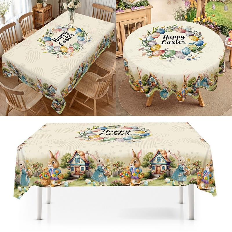 Vintage Easter Bunny Tablecloth Rabbit Eggs Table Cover Easter Decorations for Home Kitchen Spring Holiday Garden Tablecloth
