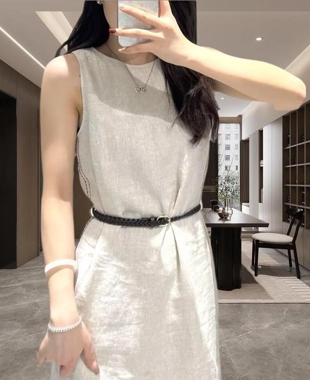 

2025 Summer Women s Cotton Linen Sleeveless Waist-Hugging Dress Large