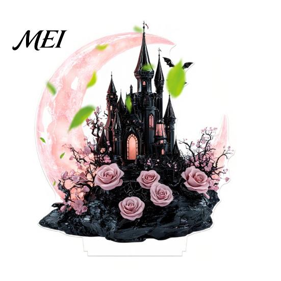 Dark Aesthetic Room Decor Halloween Style Table Decorations, Acrylic Pink And Black Gothic Centerpiece, Tiered Tray Seasonal Displays Crescent