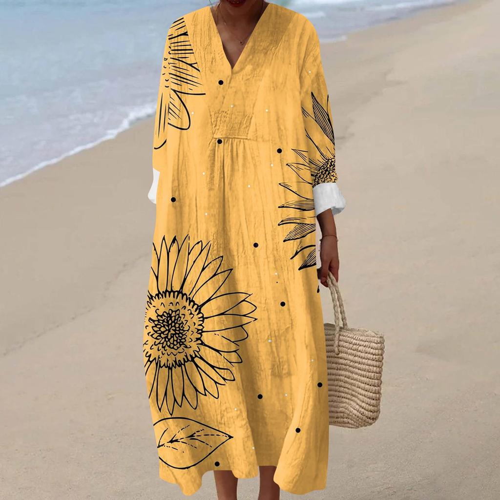Women's Casual Fashion V-Neck Long Sleeve Floral Print Maxi Dress