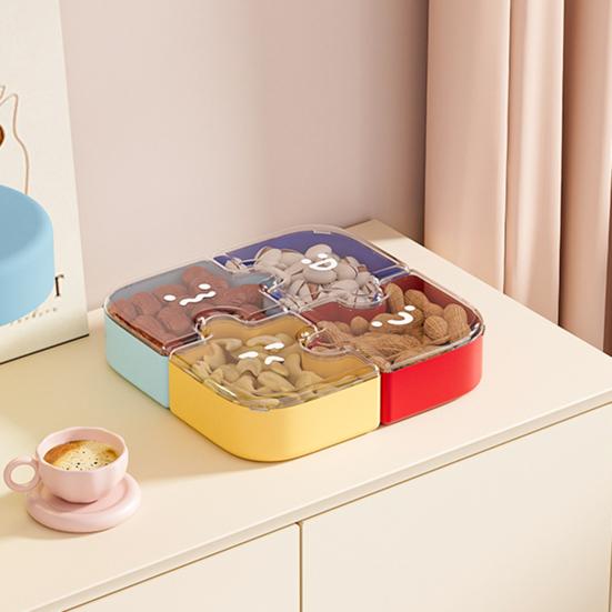 Plateau à snacks modulaire en forme de puzzle avec couvercles Organisateur amovible pour fruits, noix, bonbons Anti-poussière Empilable Plateau de service polyvalent pour table basse