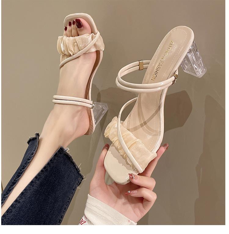 

Open-toed slippers 2025 summer simple fashion versatile new square head folds one font thick one pedal high-heeled women s drag 40