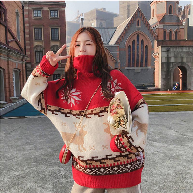 WTEMPO Turtleneck Christmas Elk Pullover Sweater Women Loose Autumn Winter Thickened Warm Fashion