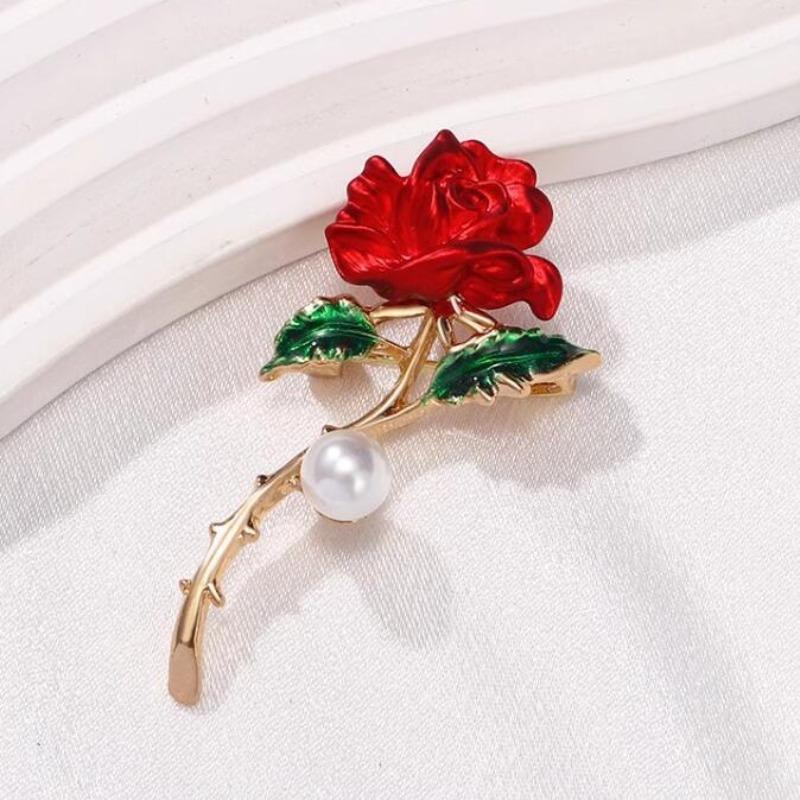 For Women Fashion Enamel Flower Corsage Wedding Party Jewelry Accessories Gift Elegant Temperament Red Rose Pearl Brooch Pins