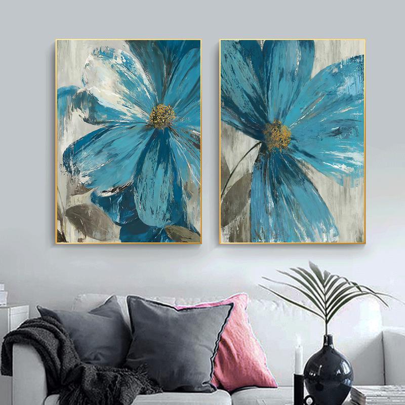 Blue Paint Flowers Canvas Painting Poster Blooming Life Botanical Print Abstract Vintage Wall Art Picture for Living Room Decor