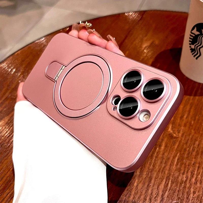 Luxury Matte TPU Case For iPhone 16 15 14 13 12 Pro Max 15Pro 14Pro For Magsafe Mag Safe Magnetic Charge With Stand Holder Cover