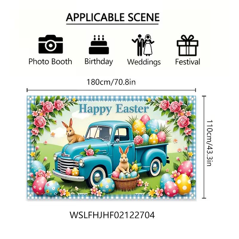 2D Easter Truck Photography Backdrop, Blue Truck with Colorful Eggs & Floral Photo Background