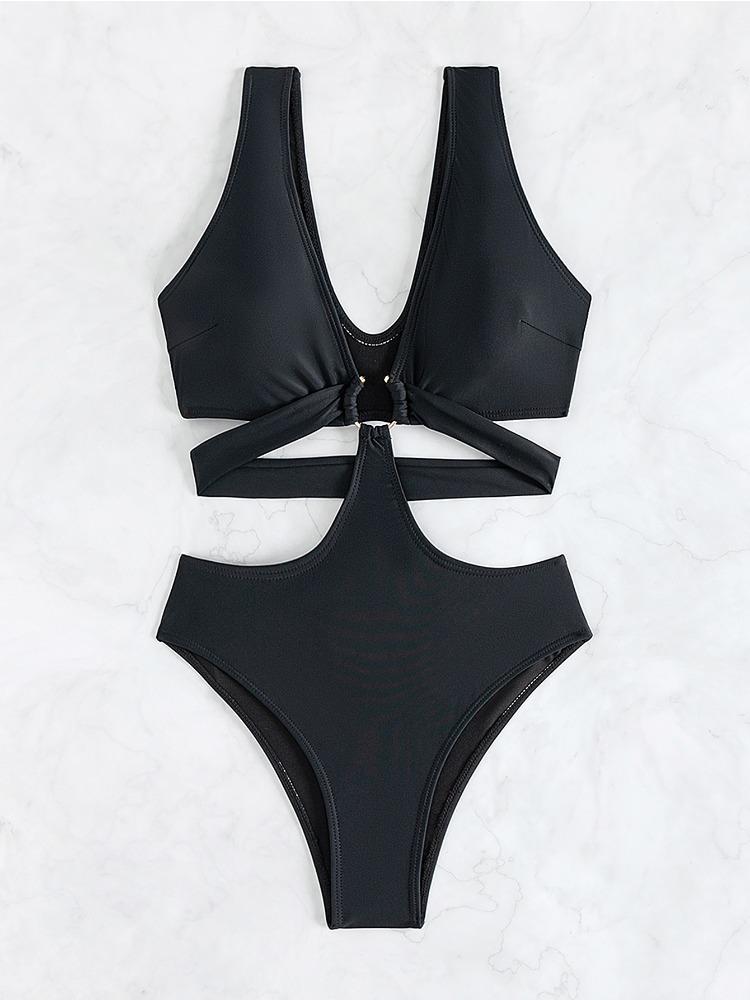 Solid Color Slim Fit Sexy One Piece Bikini Swimsuit Women Fashion Beach Vacation Elegant Swimwear