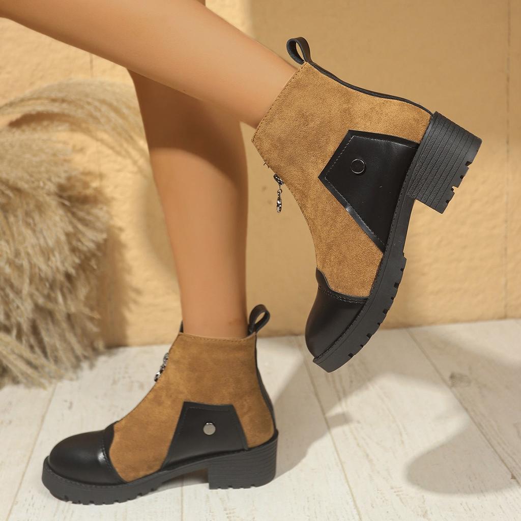 Large size autumn and winter new short boots retro Martin boots versatile thick heel front zipper low boots