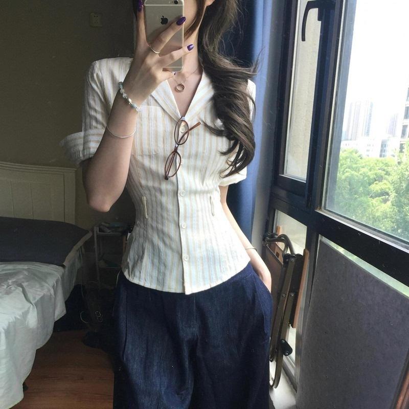 Women Striped Fitted Waist Short Sleeve Blazer Collar Casual Button Shirt S жёлтый