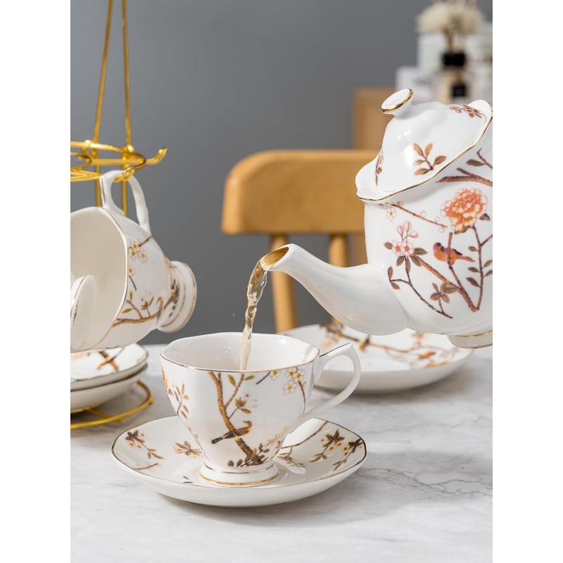 Fine China Bird Tree Pattern Coffee Cup/Teacup Set, 8 OZ Cups& Saucer Service for 4