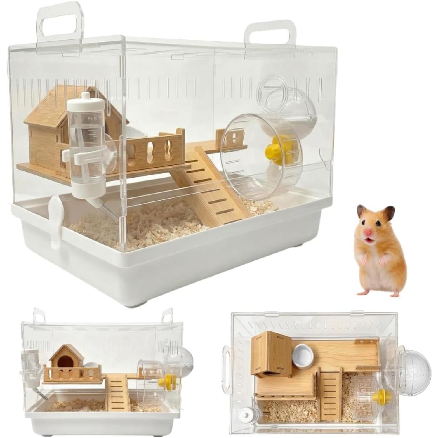 

Clear Acrylic Hamster Cage Habitat, 2-Tier Small Animal Mouse Habitat with Wheel, Hideout & Accessories, Transparent Cage Hamster Starter Home білий