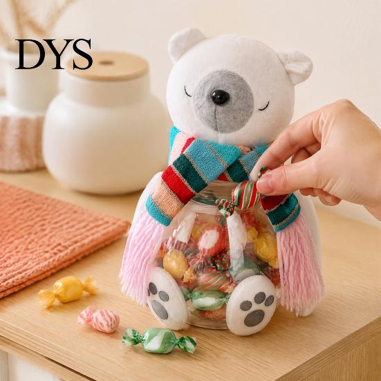 Holiday Keepsake Container Christmas Candy Jar, 3D Plush Reindeer Bear Clear Treat Festive Gift Box with Scarf, Snack Storage for Kids