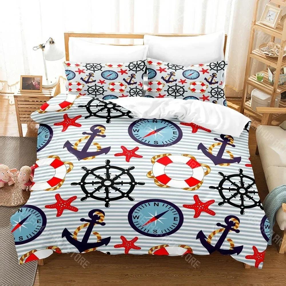3D Print Blue Anchor Bedding Set Cartoon Anime Three-piece Set Adult Kid Bedroom Duvetcover Sets 3D Kawaii