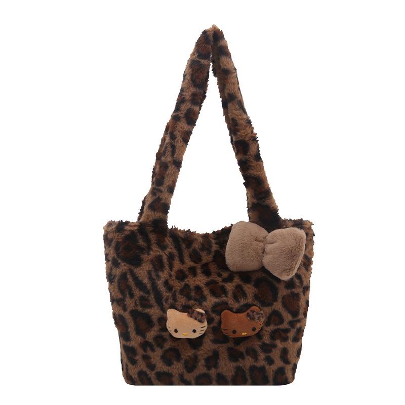 Leopard Print Fuzzy Retro Bucket Shoulder Bag, Large Capacity, Winter 2025 Women's Crossbody Underarm Bag