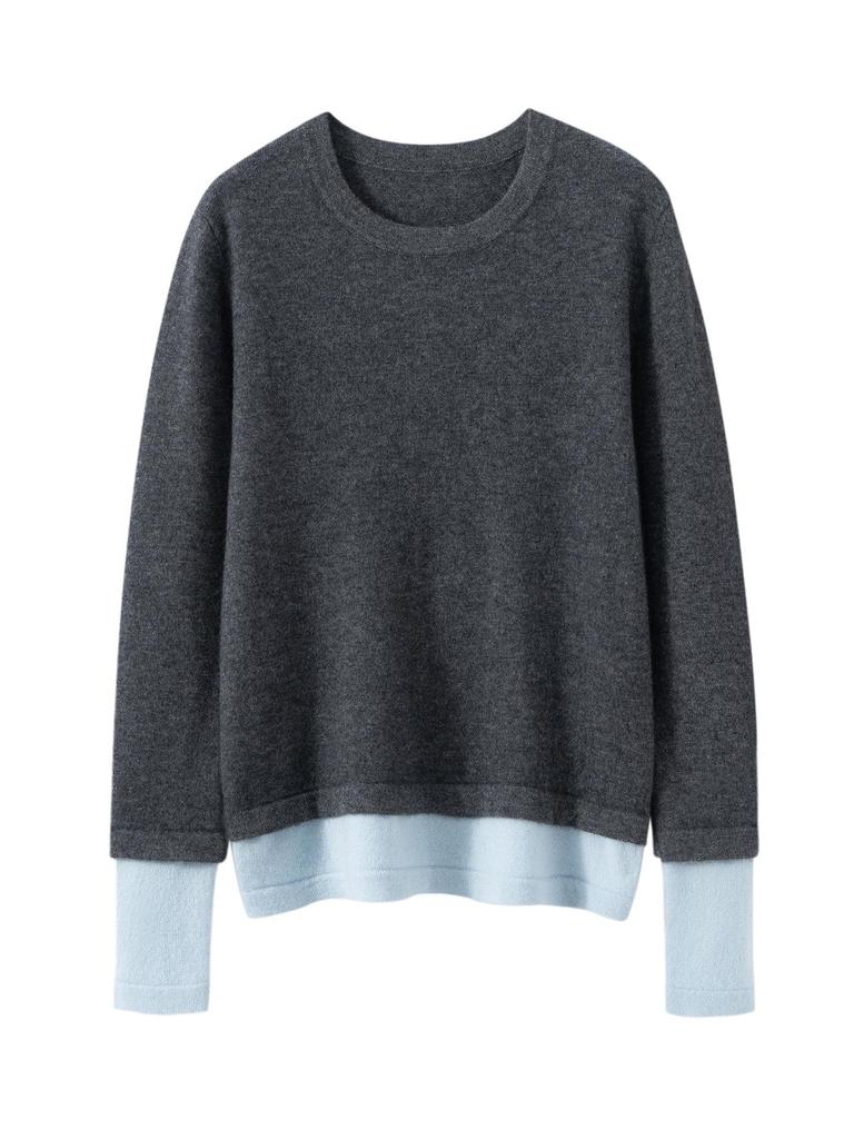 Two-Piece Look Cashmere Sweater - Women's Autumn/Winter 2026 Round Neck Color Block, Versatile, Loose-Fit with Slimming Effect.