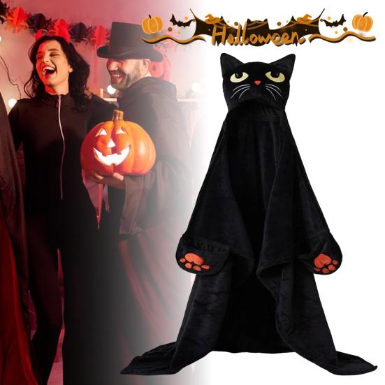 Halloween Brukbar Hettegenserteppe for Voksne Myk Flanell Hettekappe med Lomme Gresskar Svart Katt Cosplay Kostyme for Halloween-fester