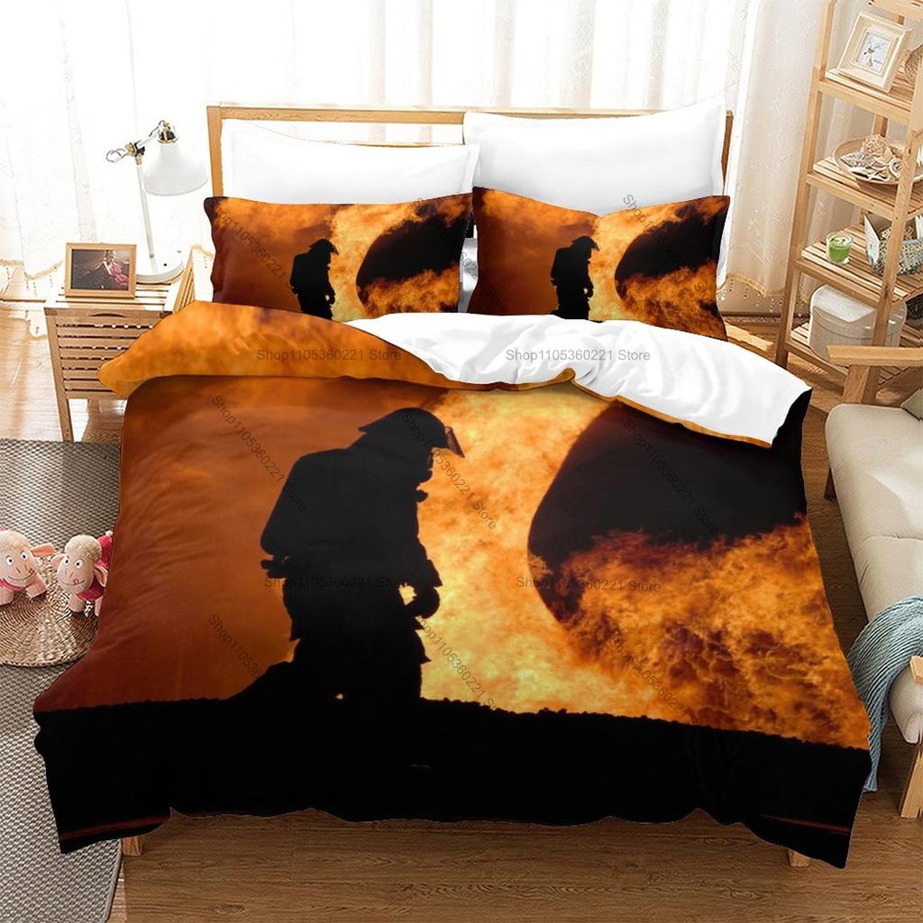 Cool Firefighter Rescue Fire Truck Flame Hero HD Print Bedding Set Duvet Cover + 2 Pillowcases Polyester Boys Bedroom Decor