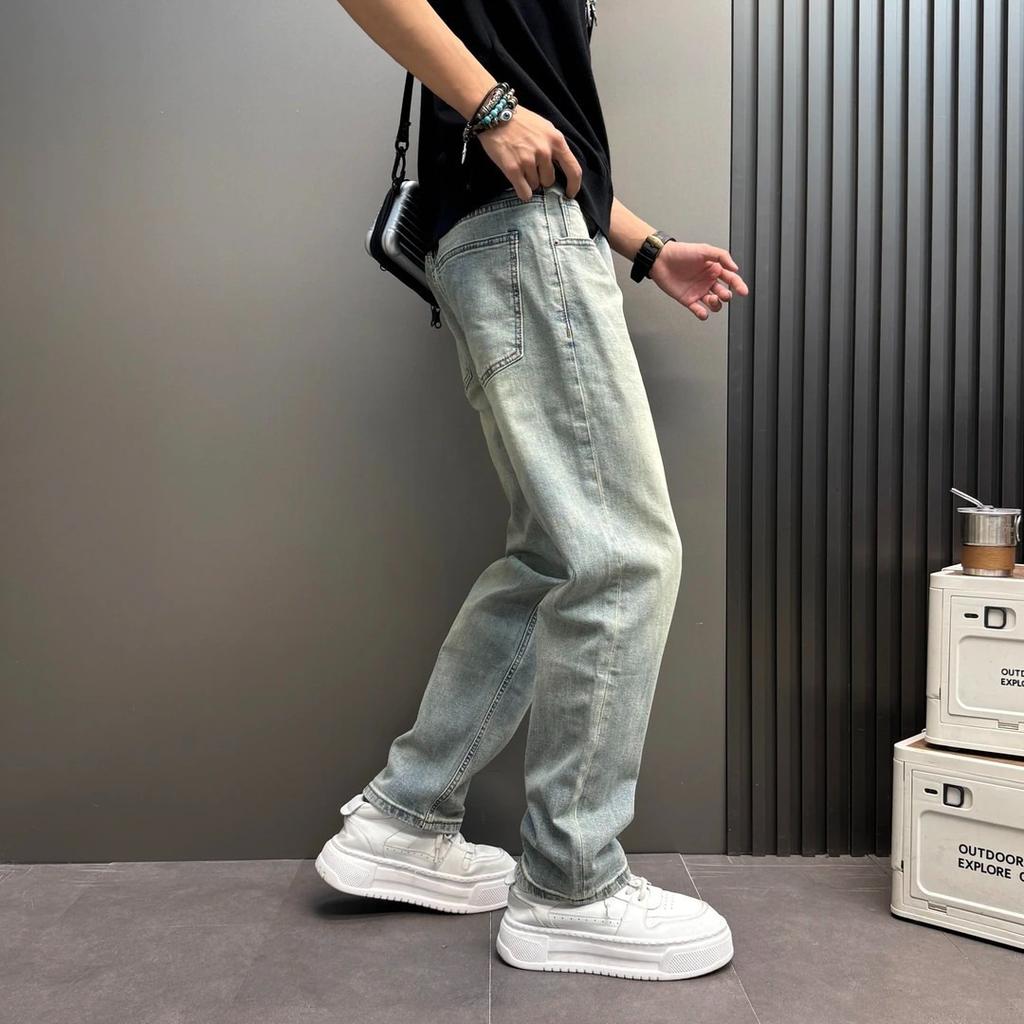 Men's Denim Washed Old Light Blue Jeans Men's Loose Straight Trousers Trendy Brand Simple High Street Trousers
