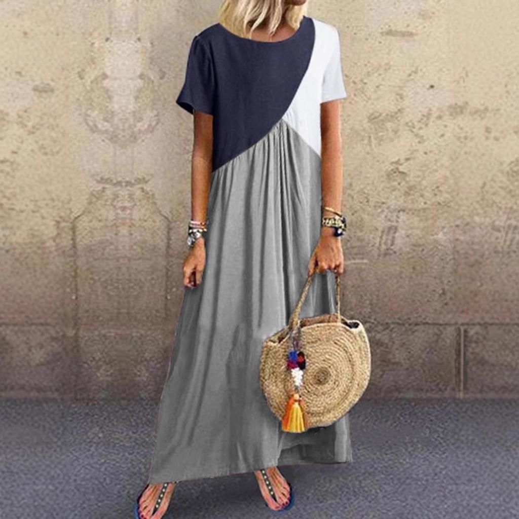 2023 Geometric Color Block Patchwork Long Summer Beach Dress