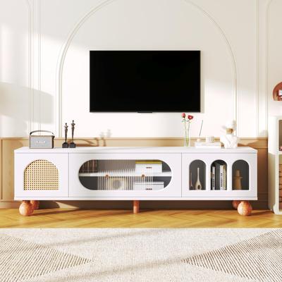 TV Schrank, TV Lowboard mit Rattan-ähnlicher Tür, Fernsehtisch mit Glasschiebetür für Wohnzimmer und Esszimmer