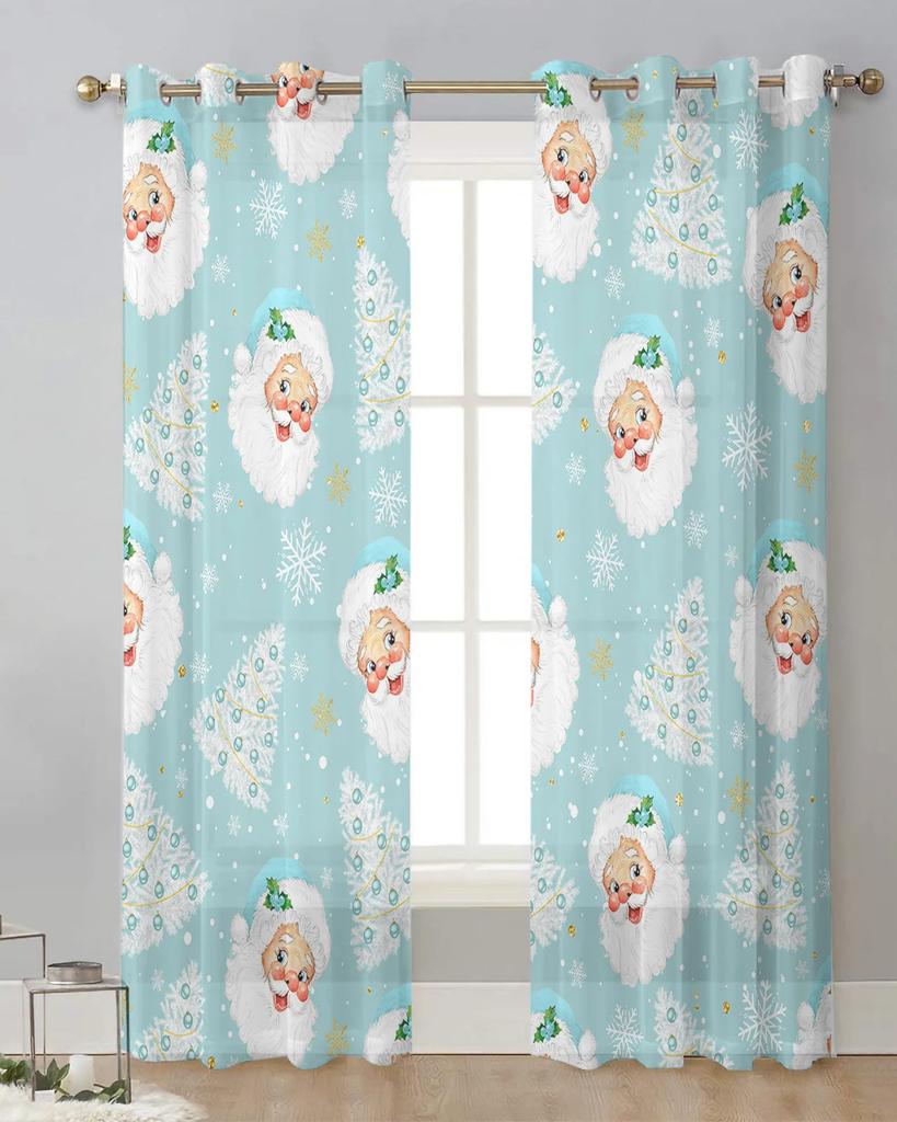 Vattenblå Jultomte Julgran Snöflinga Skira Gardiner Vardagsrumsdekoration Fönstergardin Kök Tyll Voile Gardiner