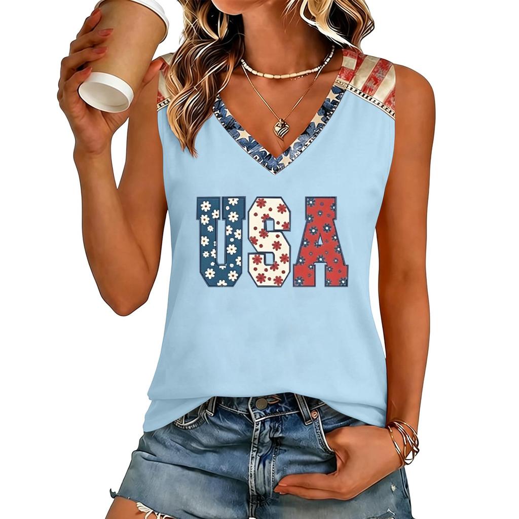 Women's V-Neck Casual Top with Patriotic Independence Day Print