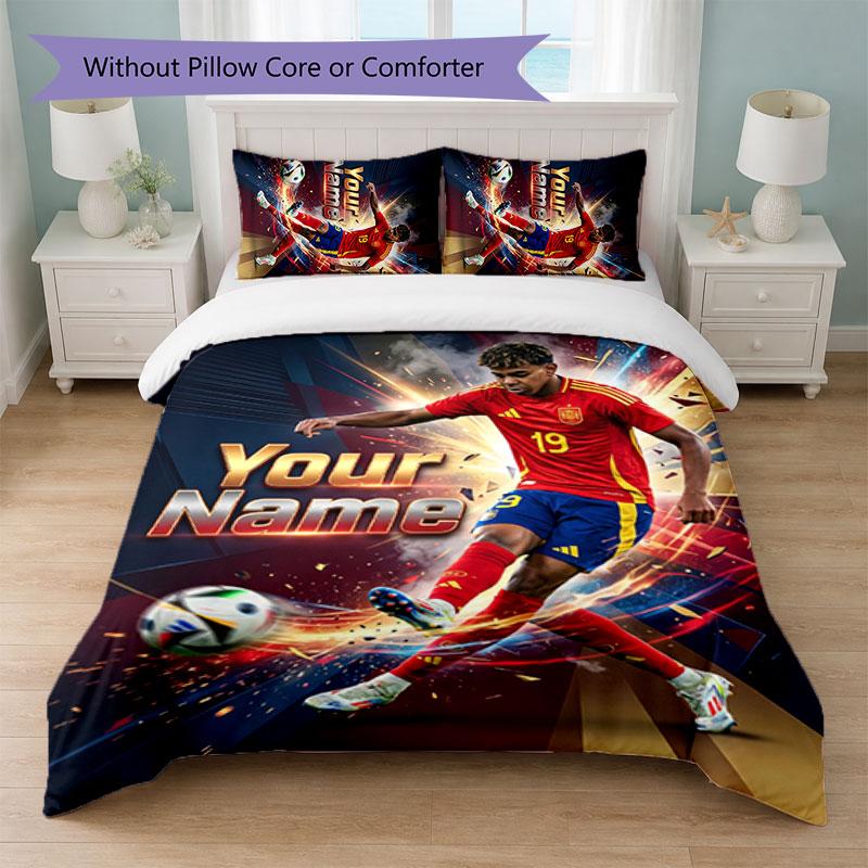 Set Biancheria da Letto Personalizzato con Nome Testo Lamine Yamal 1 Copripiumino+2 Federe Logo Calcio Regalo Personalizzato per Occasioni Speciali Decorazione Camera da Letto