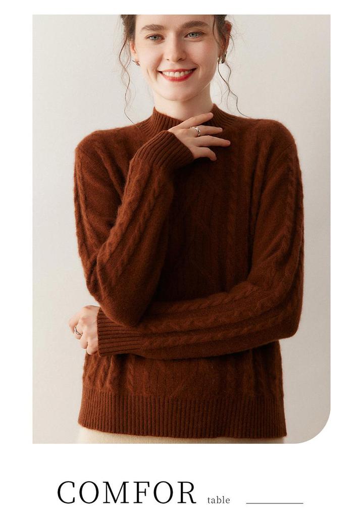 Autumn-Winter Cashmere Double-Strand Thickened Half-High Collar Cable Knit Pullover Sweater