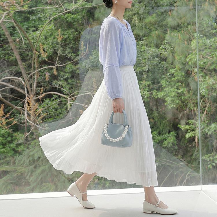Feiyuan Women's Versatile Pleated Mesh Midi Skirt - Early Spring, Breathable, Large Hem, Commuter Style.