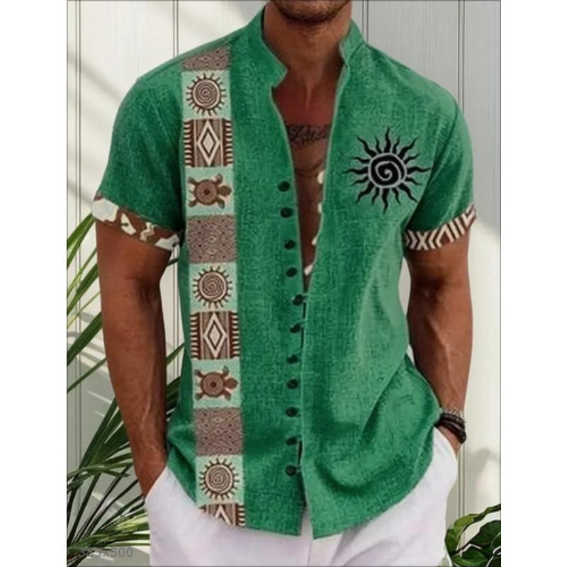 Men Ethnic Front Print Stand Collar Short Sleeve Loose Casual Linen Shirt