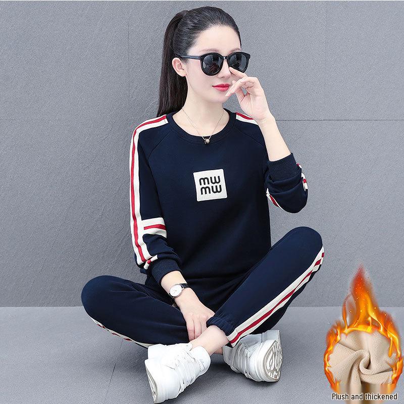 Khmer Women's Warm Sports Suit: Autumn/Winter Plush Hoodie & Sweatpants Two-Piece Set