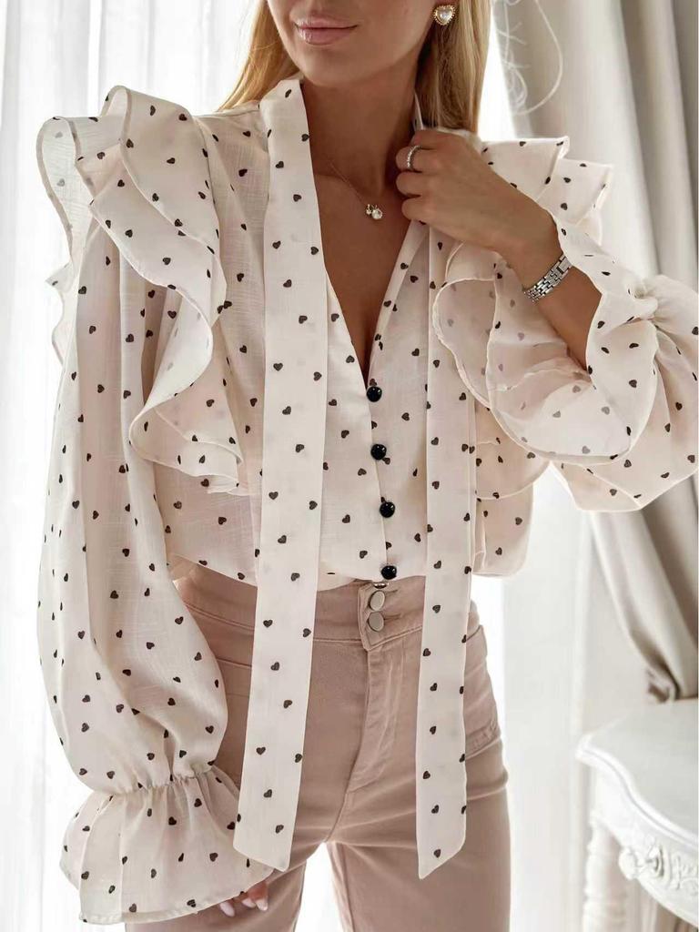 European & American French High-End Polka Dot Ruffle Long Sleeve Bow Tie Women's Shirt for Spring & Autumn