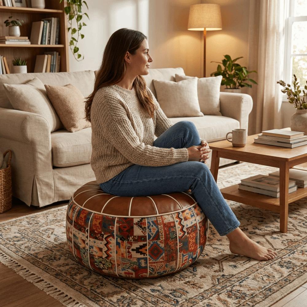 Embroider Craft Boho Seat Cushion Cover Leather Storage Bag Pumpkin Pouf Cover  Home Use