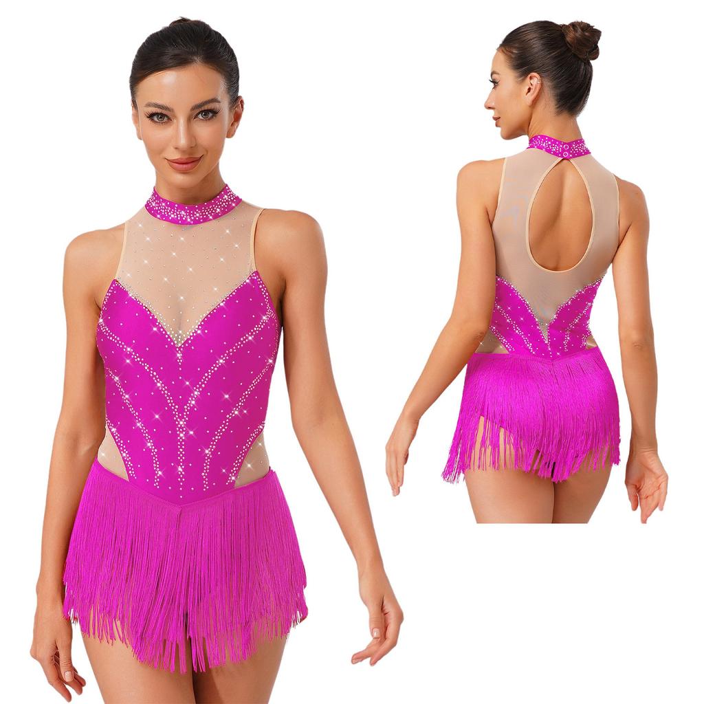 Pailletten Fransen Body für Damen Neckholder Jazz Latin Tanz Samba Chacha Quaste Leotard Akrobat Kostüm