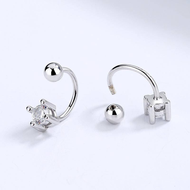 S925 Sterling Silver Zircon Screw-Back Stud Earrings - Simple C-Shaped Design for Cartilage and Round Face Slimming