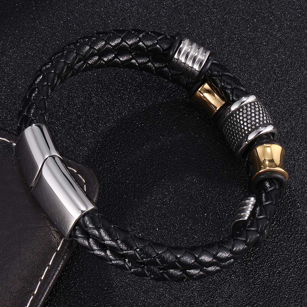 Stainless Steel Metal Clasp Bangles Men Jewelry Two Layers Black Genuine Leather Bracelet