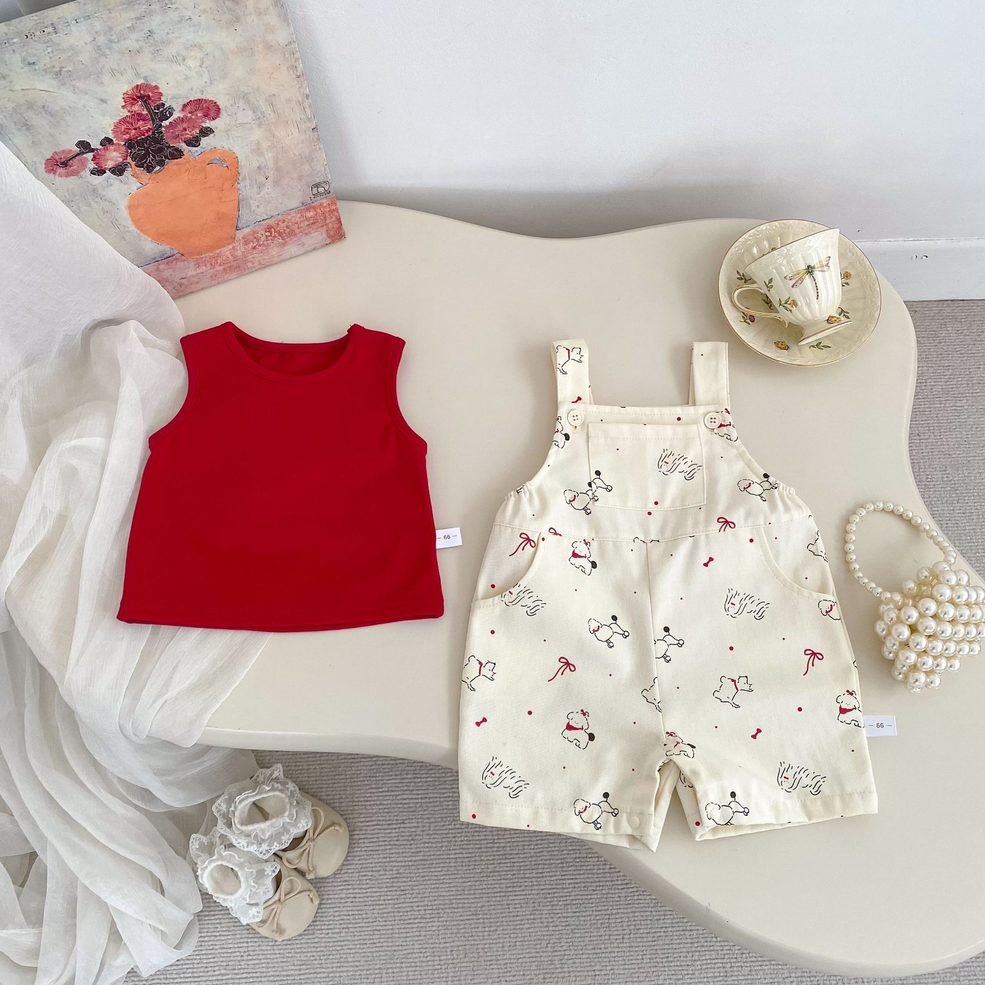 Girls Summer Cartoon Puppy Print Suspender Shorts with Solid Sleeveless Tank Top Set 66