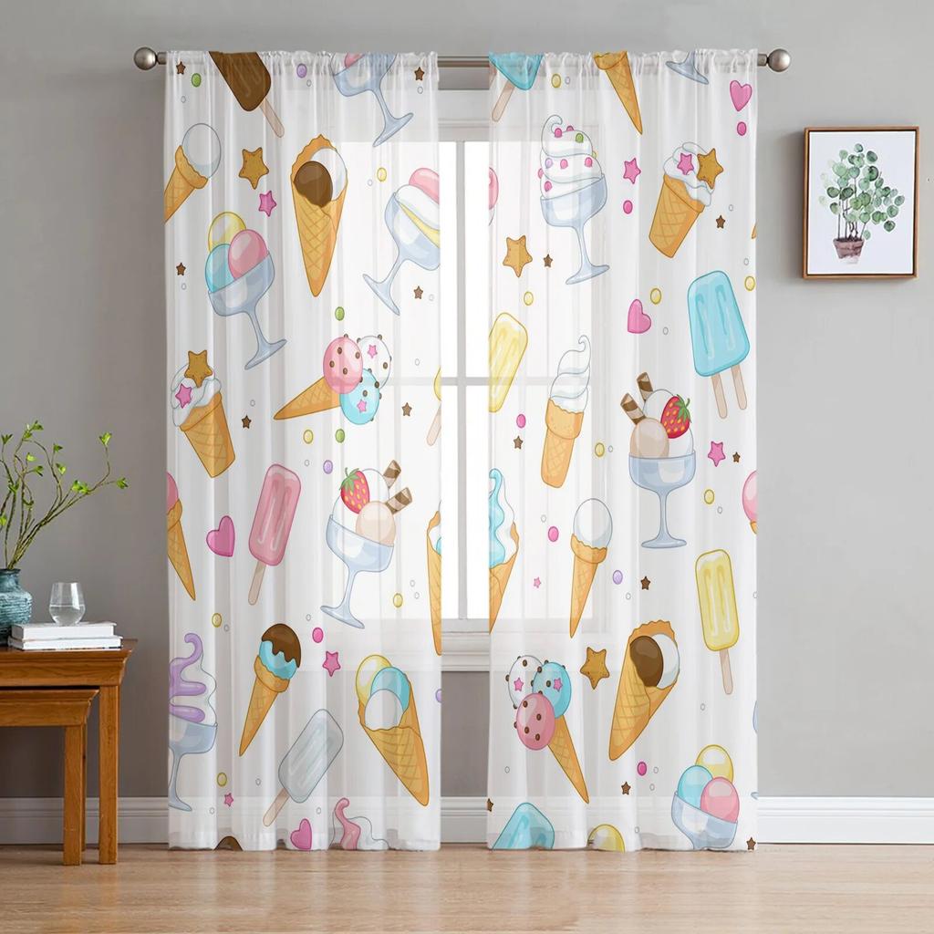 Ice Cream Cone And Cupcakes Tulle Curtain For Living Room Sheer Valance Curtain For Kitchen Bedroom Window Drapes