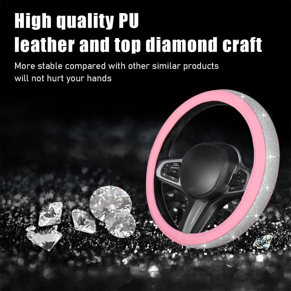 Ziciner Steering Wheel Cover, Bling Crystal Rhinestones Auto Wheel Protector, Sparkly Cover Universal Fit Diverse 14.5-15 Inch Steering Wheel,