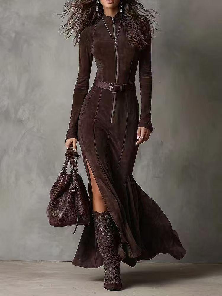 

Brown High Neck Long Sleeve Slit Maxi Dress with Belt XS