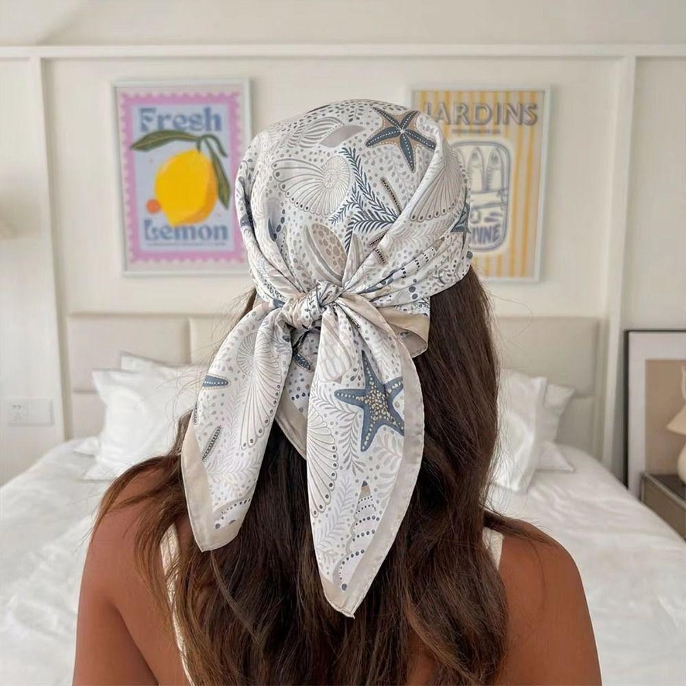 Conch Starfish Print Scarf Sea Star Shell Silk Scarf Retro Satin Hijab Waist Scarf
