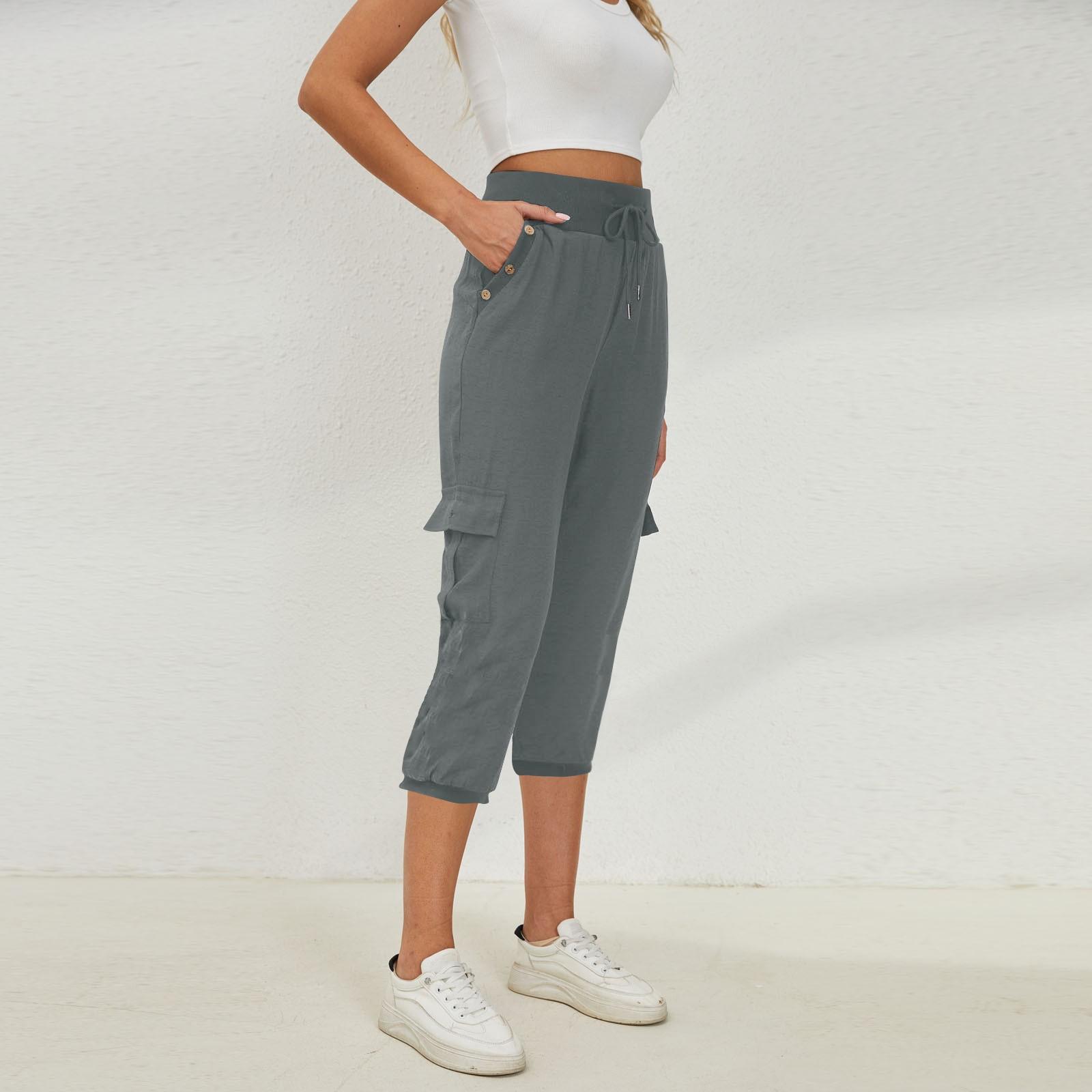 

Женские брюки 3/4 с эластичной резинкой на талии и карманами, повседневные свободные однотонные брюки для йоги из хлопка и льна XXL серый