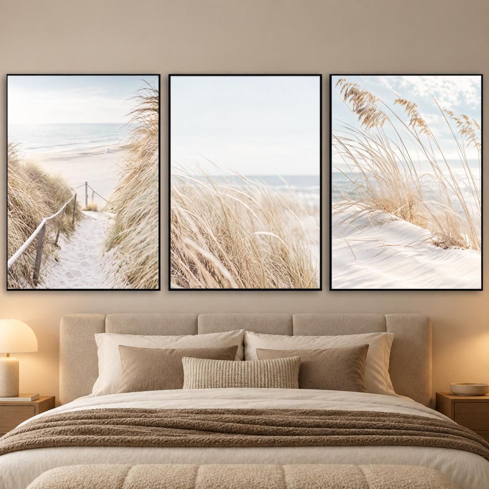 Beach Reeds Sand Dunes Ocean Painting Calligraphy Canvas Prints Set of 3 Wall Art for Living Room Decor Vintage Fashion Decals