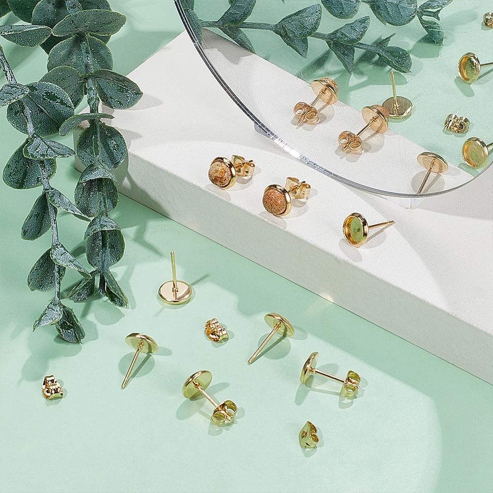 Flat Round 304 Stainless Steel Stud Earring Settings, with 304 Stainless Steel Ear Nuts, Real 18K Gold Plated, Tray: 6mm, 8x1.5mm, Pin: 0.8mm