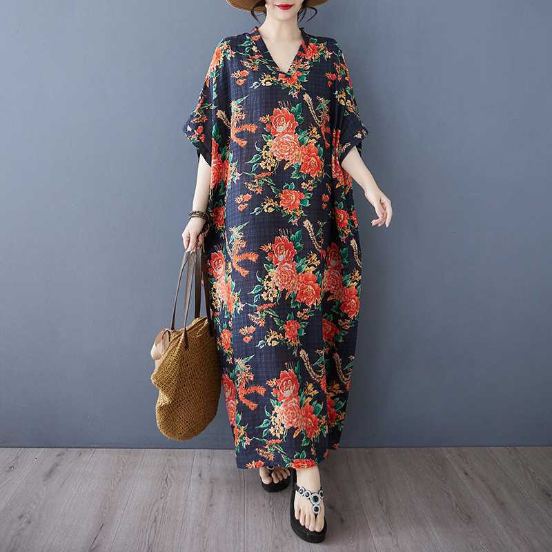 Vestido de Algodón Lino de Verano Color Viaje Cuello en V Retro Falda Larga