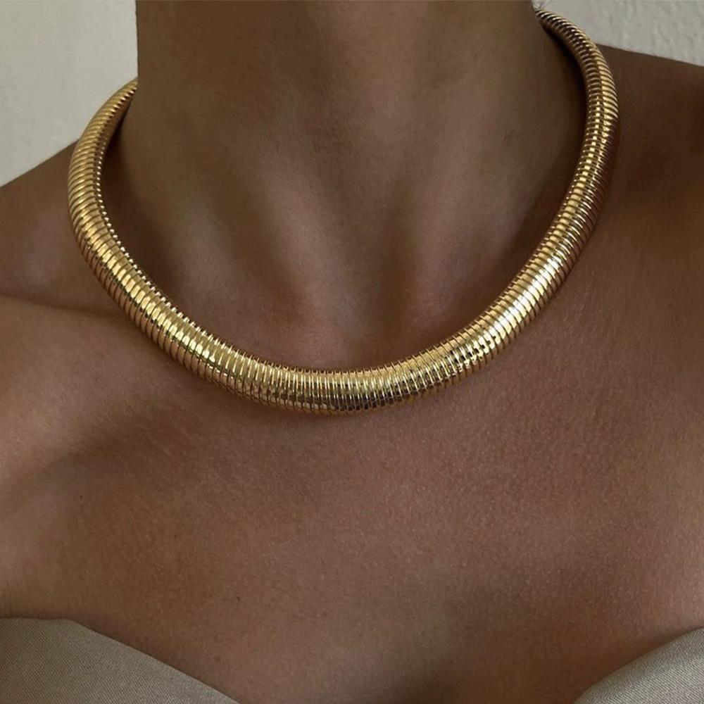 C044 Spring Necklace Minimalist Elastic Wide Snake Bone Chain Clavicle Chain Exaggerated Vintage Style Metal Necklace