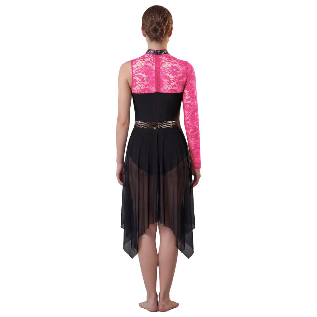 Damen Lyrical Dance Asymmetrisches Bodysuit-Kleid Einzelner Langer Ärmel Blumenspitze Unregelmäßiger Saum Rock