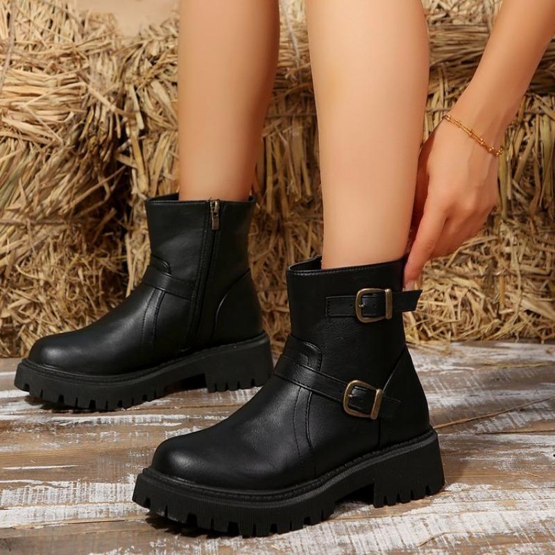 

Large Size Metal Buckle Martin Boots Autumn and Winter Western Cowboy Style Round Head Thick-soled Low Women s Boots 35 чёрный